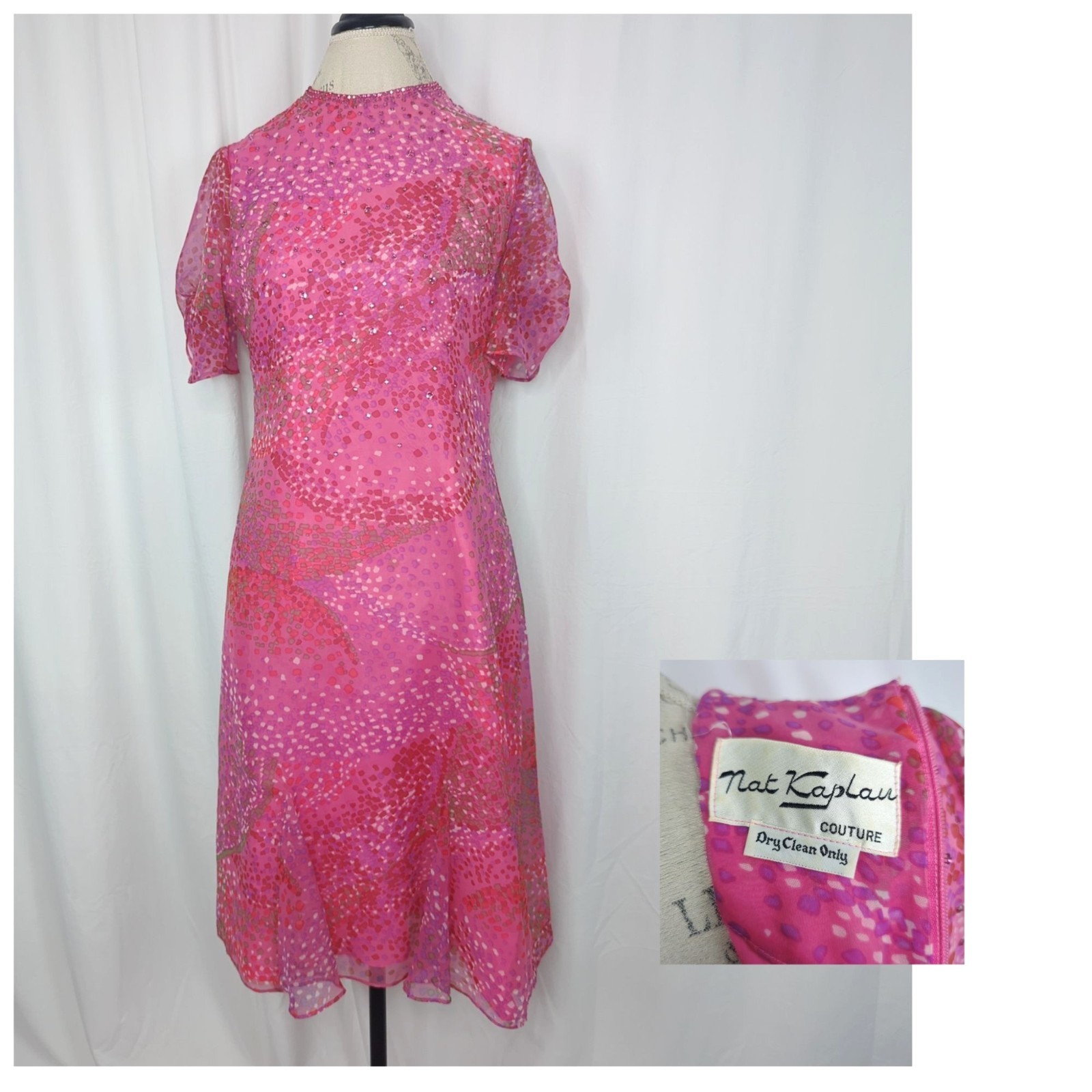 Vintage 70s Nat Kaplan Dress Medium Pink Rhinestone