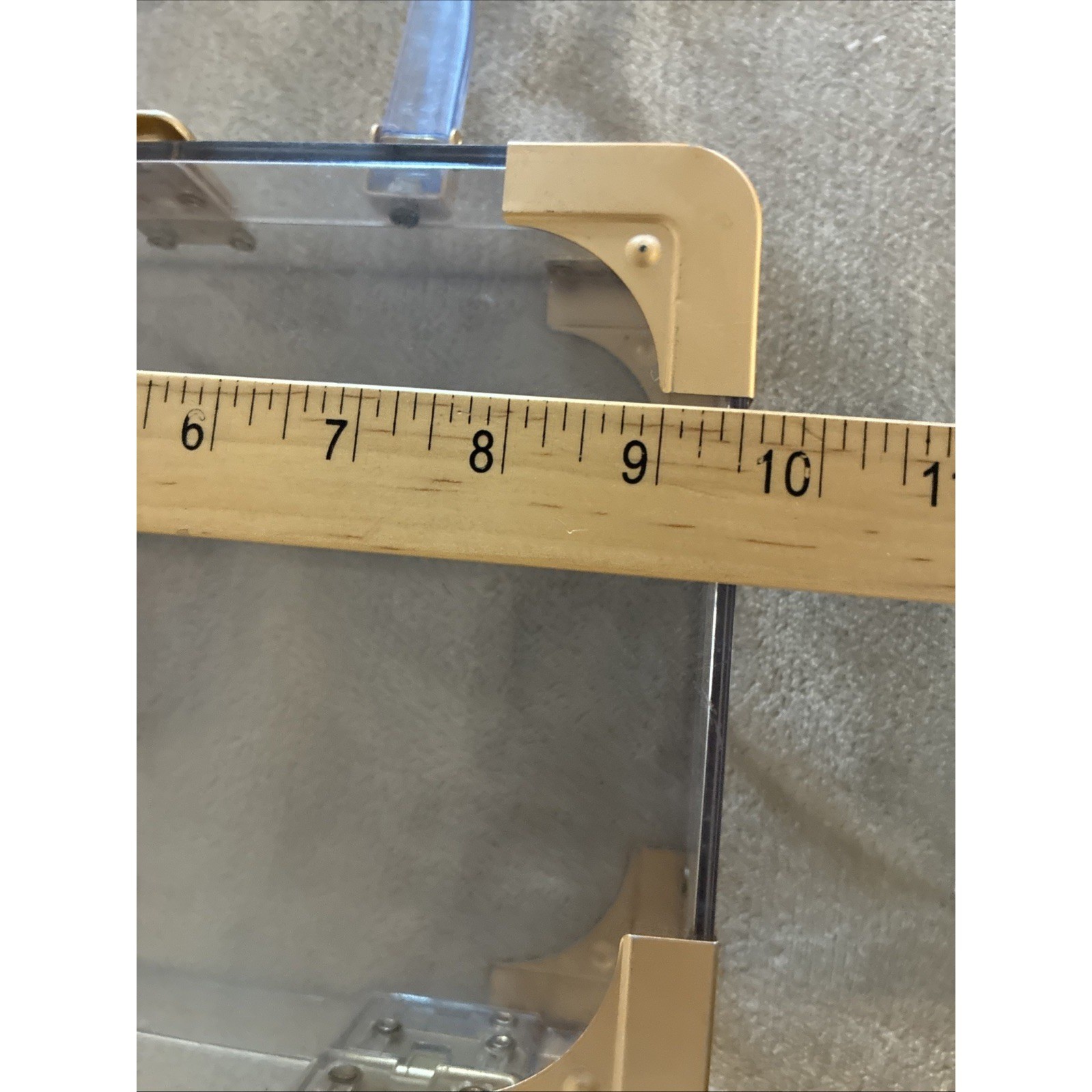 Vintage Clear Lucite Acrylic Box Purse 9.5×7.5×2.5″ Gold Hardware