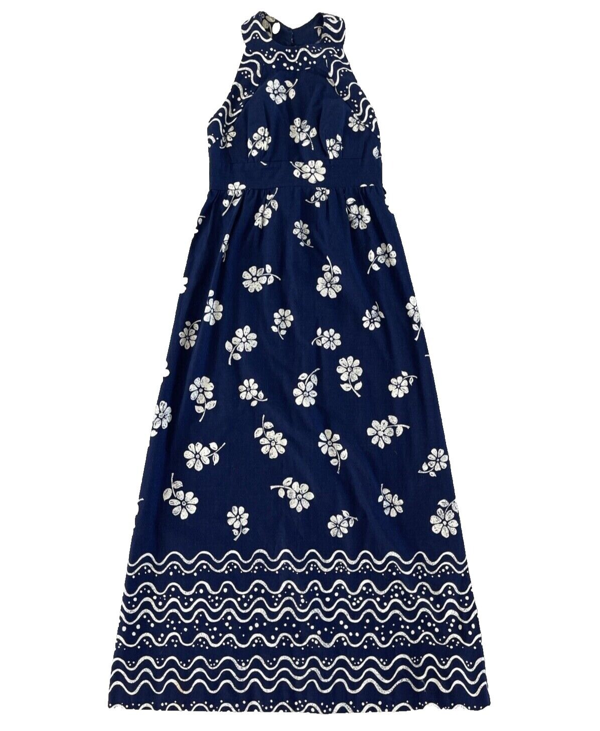 Malia Honolulu Vintage Maxi Dress Floral Open Back Sleeveless 10 1960s-70s Blue