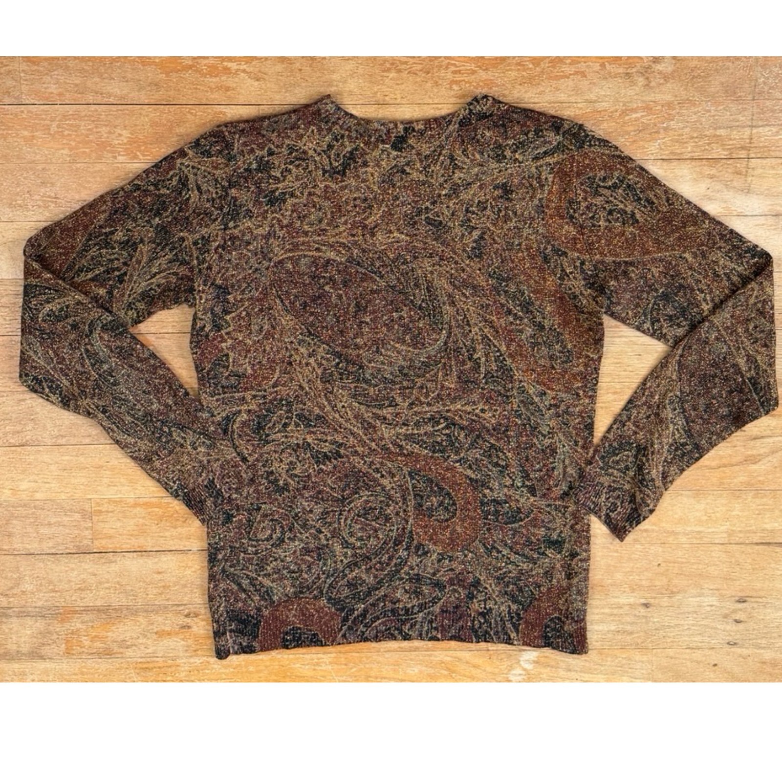 Vintage Silk & Cashmere Sweater Top Size Small Metallic Paisley Ralph Lauren