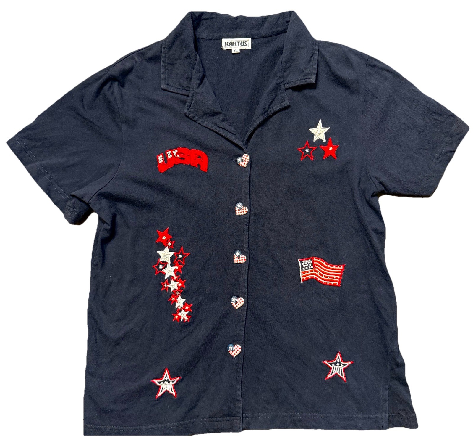 Vintage Women’s KAKTUS Button XL Short Sleeve Shirt Patriotic 4th Of July Stars