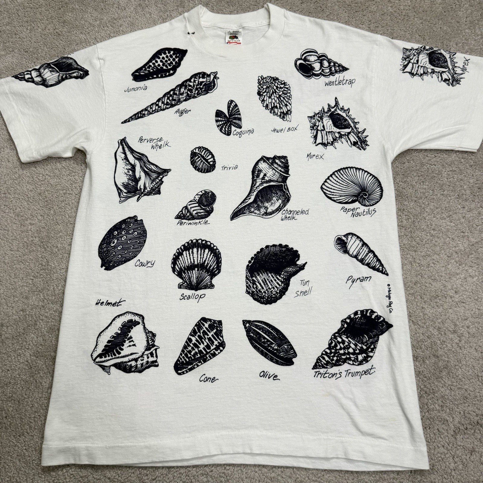 Vintage Sea Shells All Over Print T-Shirt Men Large Fruit Of The Loom White Blue