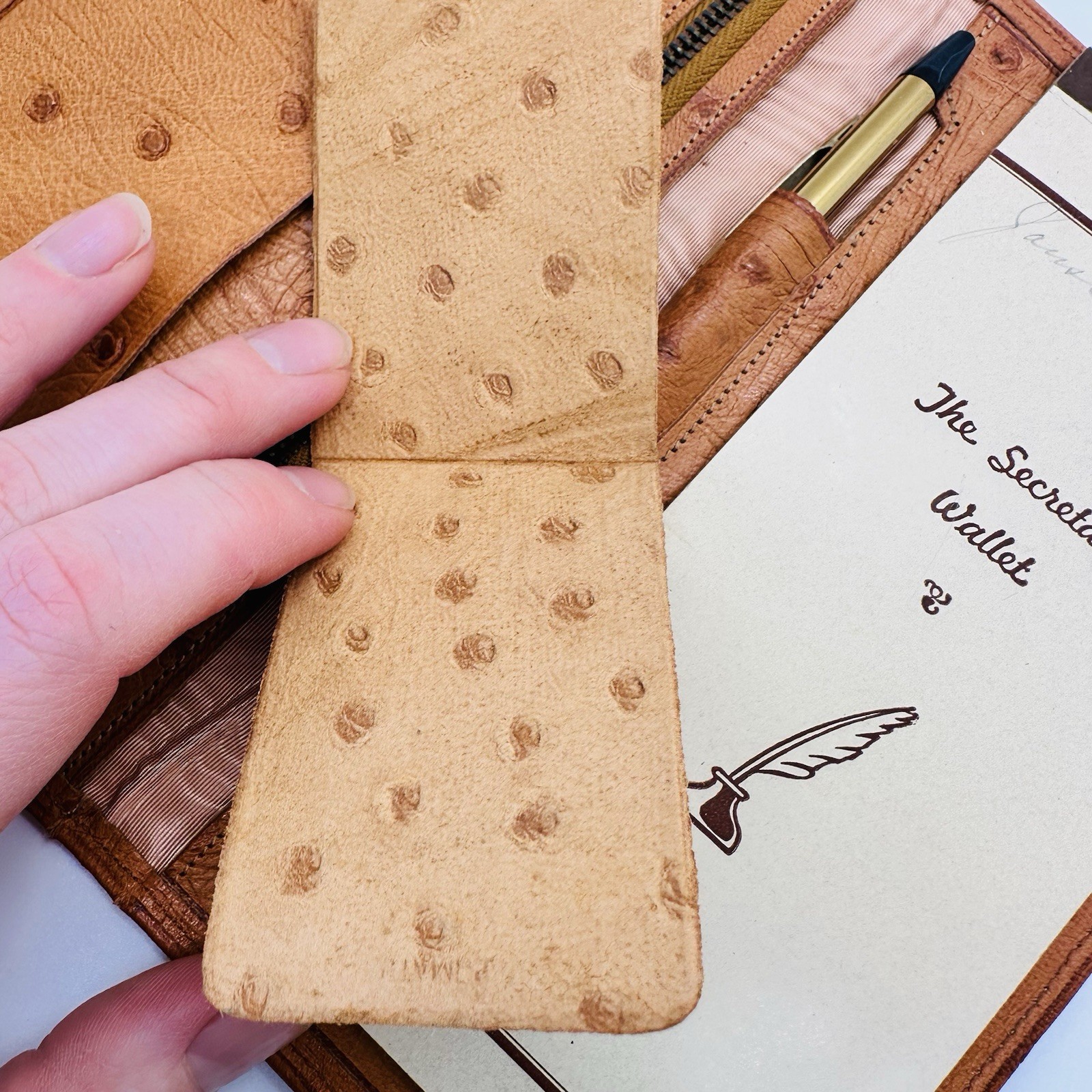 VTG 1950s Organizing Wallet Ostrich Leather With Mechanical Pencil Notepad