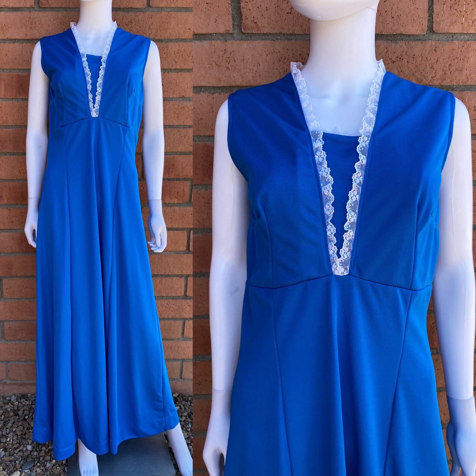 VTG 70’S HANDMADE BLUE SLEEVELESS EMPIRE WAIST MAXI DRESS WHITE LACE TRIM FITS L