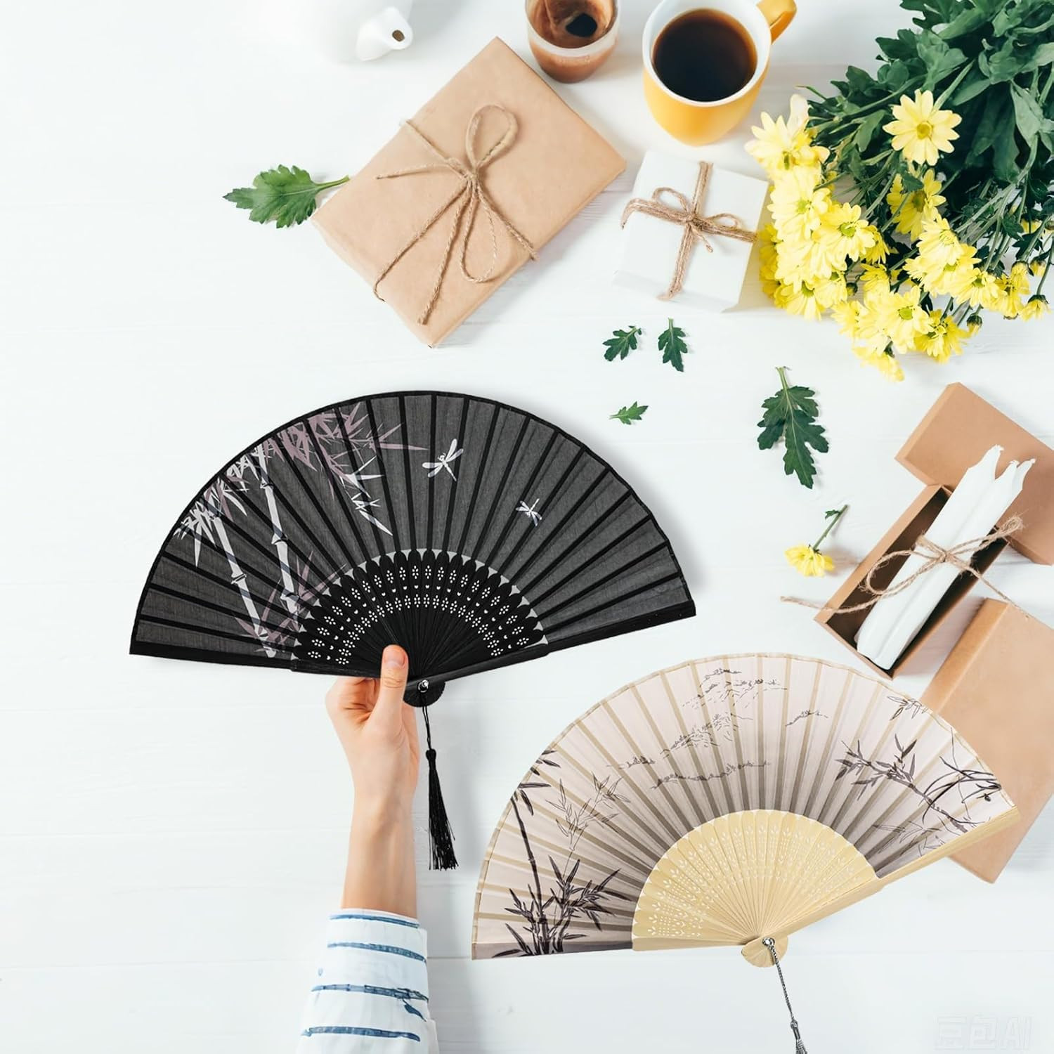 4 Pcs Handheld Folding Fan Small Chinese Silk with Tassel Floral Manual Fan H…