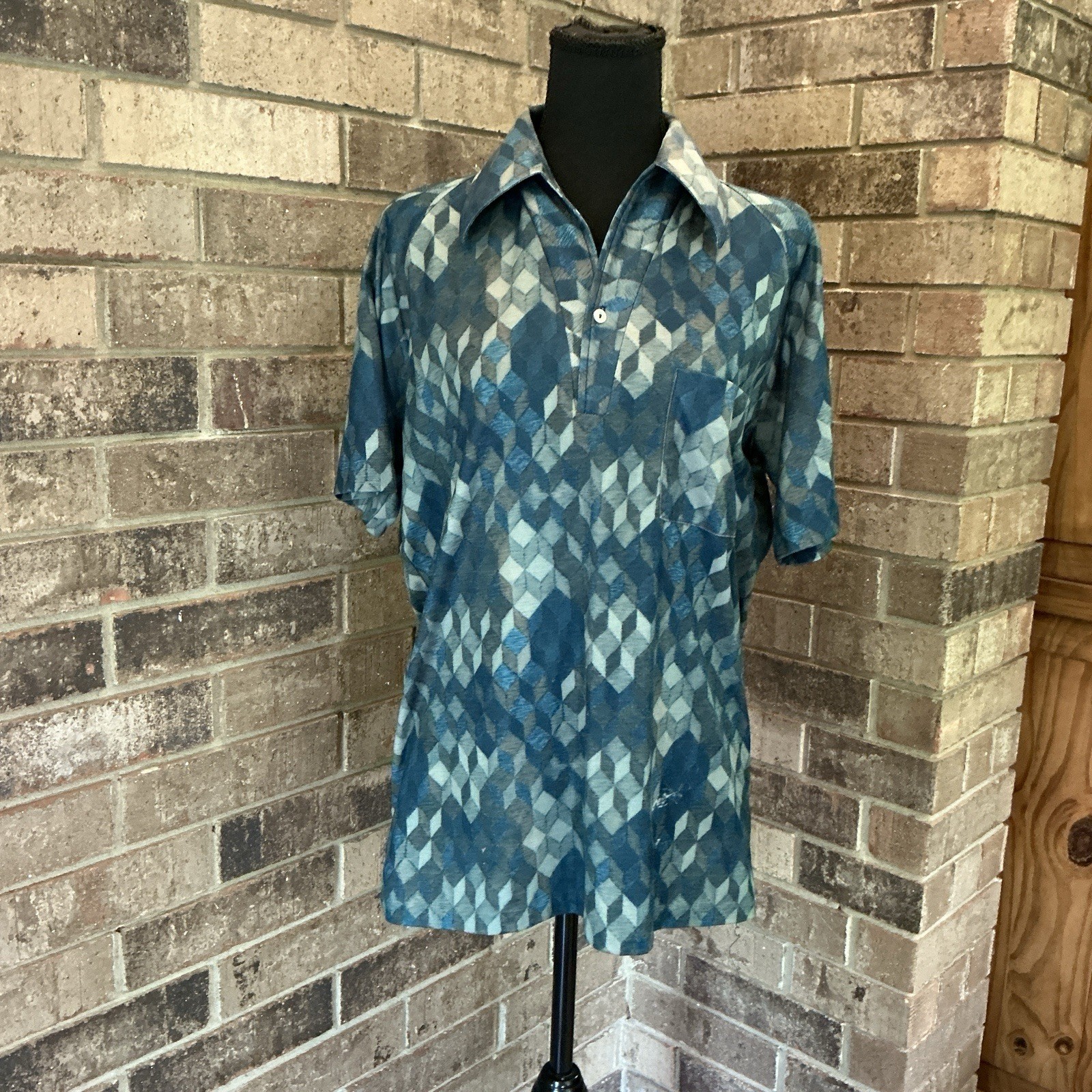 70s VTG Lilly Dache Geometric Op Art Polo Shirt Men’s M Blue Paris NY CA #35E1