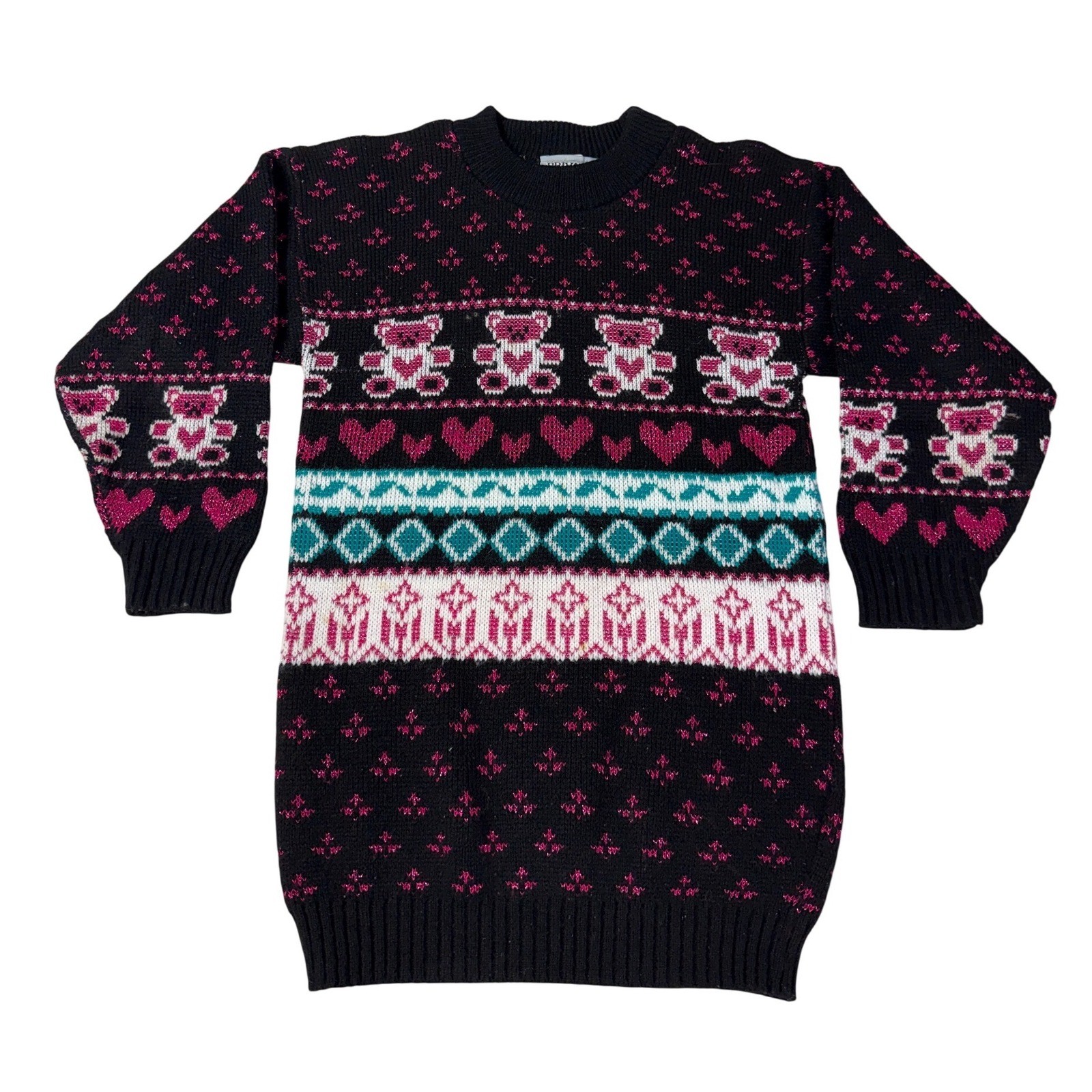 Vintage Private Eyes Teddy Bear Heart Knit Sweater Black Pink Lurex Tunic USA