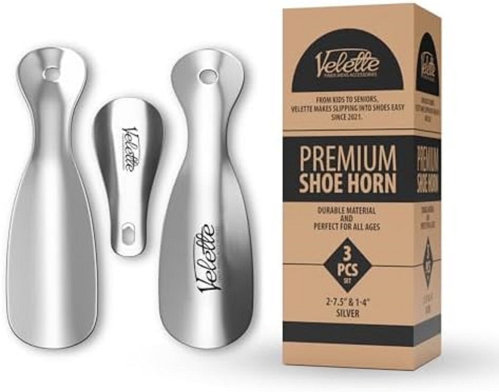 Velette 3-Pack Metal Shoehorn – 2 Set 7.5″ Long Shoe ,1 Set 4″ Travel Shoe Horn