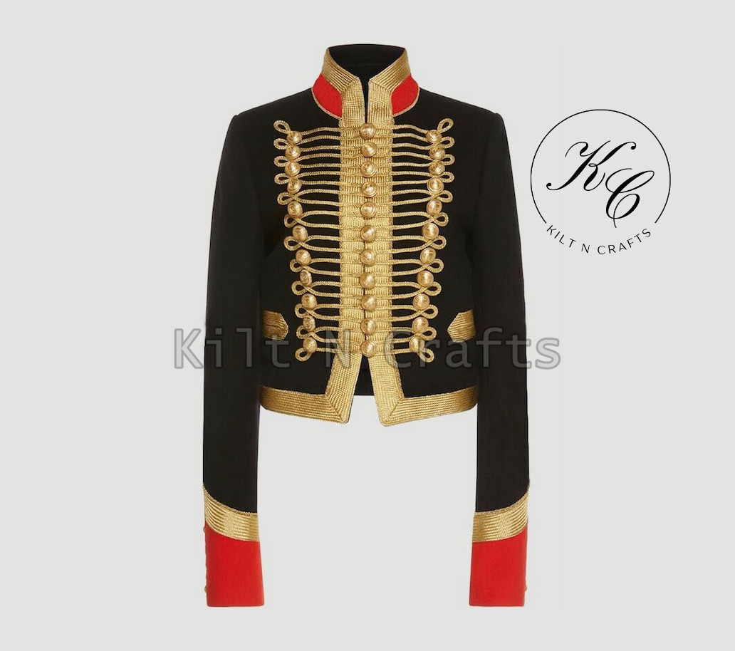 Elegant Black Hussar Jacket for Women with Red Cuffs, Gold Embroidery & Tassels