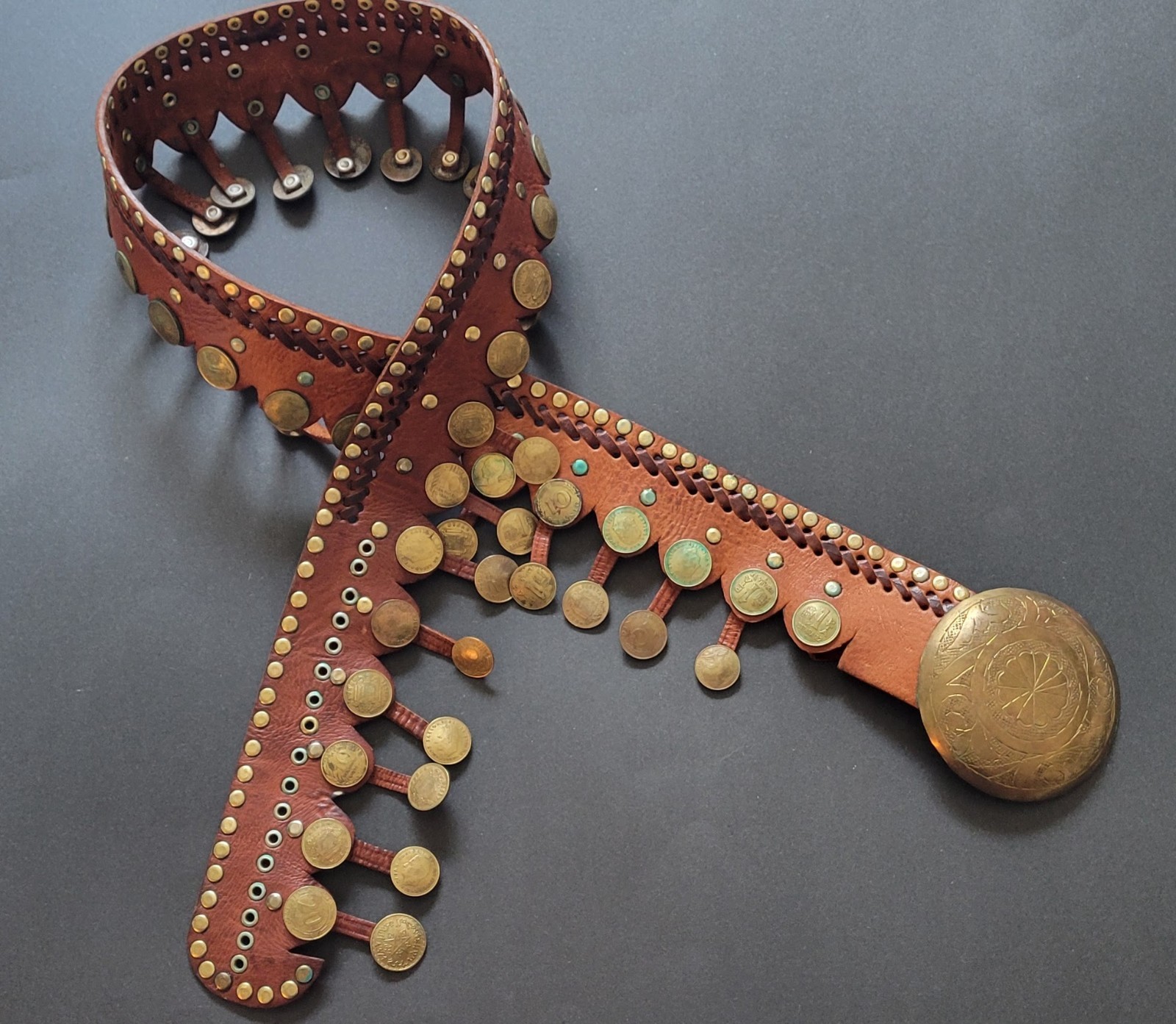 VTG BoHo Handmade Moroccan Concho Thick Leather Belt 36″ to 43″ FREE SHIPPING