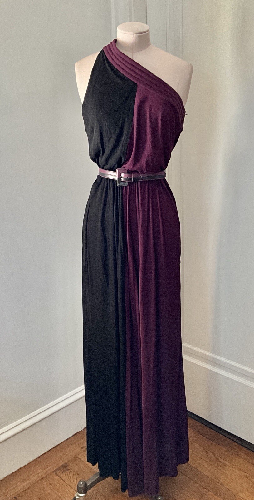Vintage 1970’s Galanos Black and Plum One Shoulder Silk Jersey Toga Dress w Belt