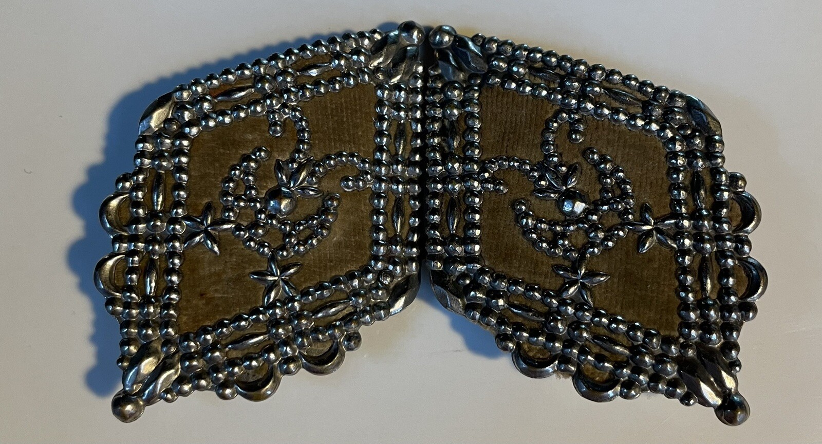 Vtg Antique Victorian Metal Belt Buckle Two Piece Ornate Moon Stars Over Fabric