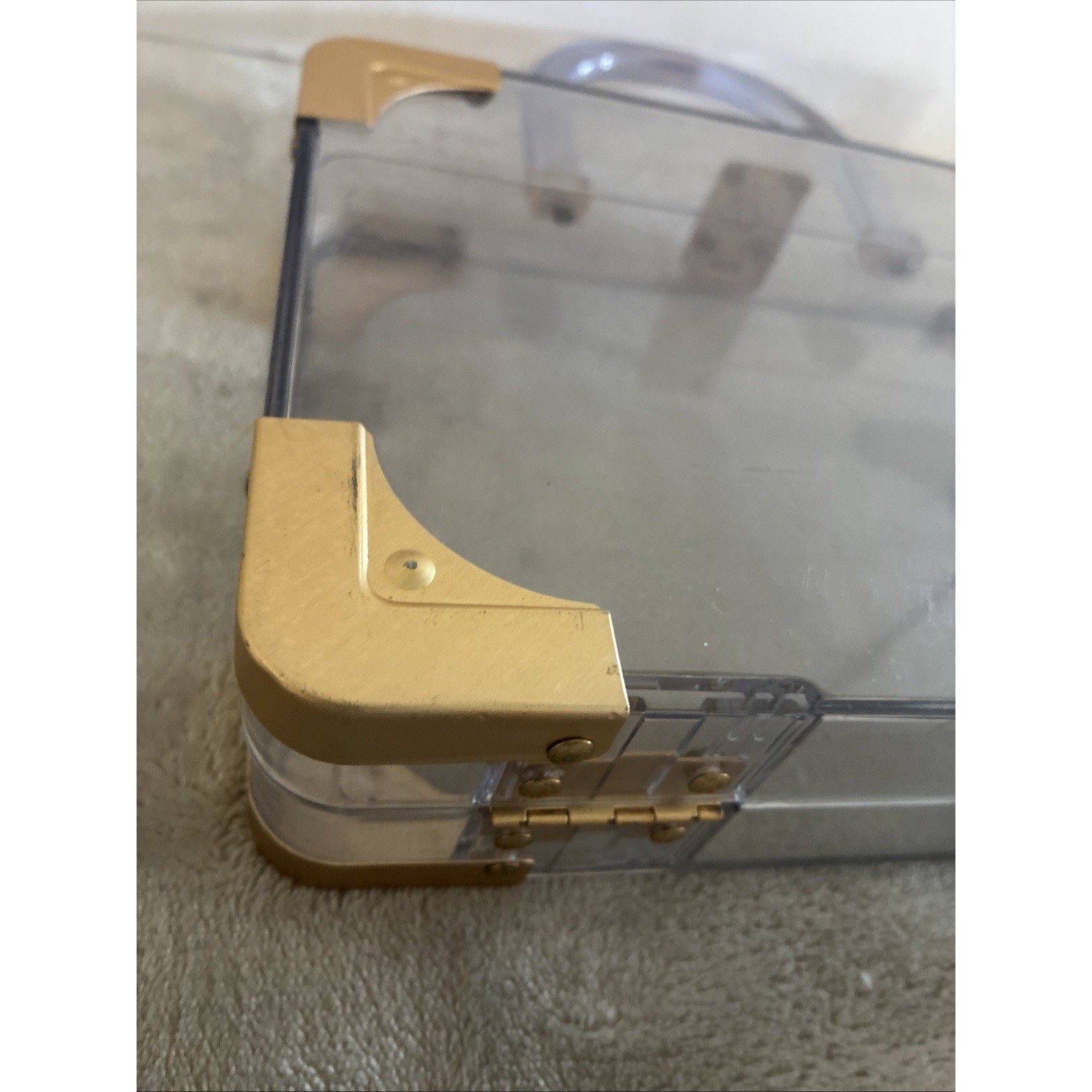 Vintage Clear Lucite Acrylic Box Purse 9.5×7.5×2.5″ Gold Hardware