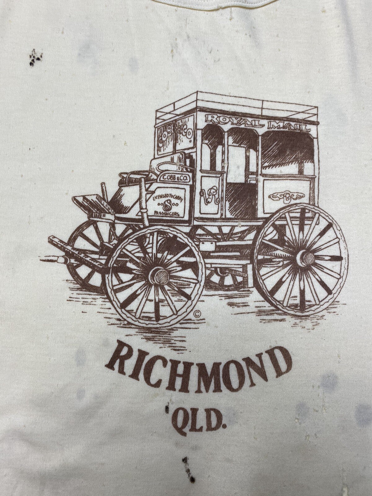Vintage 70s Richmond Qld Australian Royal Mail Cobb & Co Ringer T Shirt Thrashed