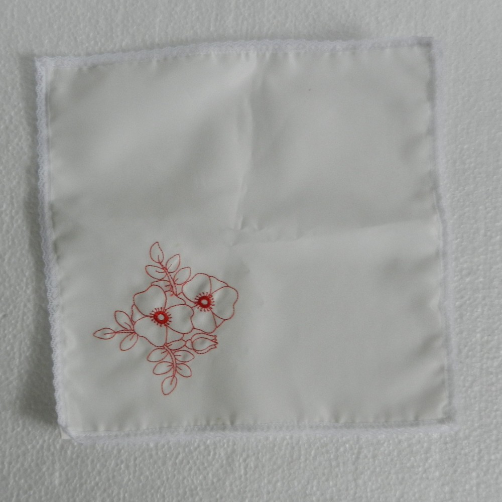 Embroidered Handkerchief Red Flower Handmade Hankie Lace edging White