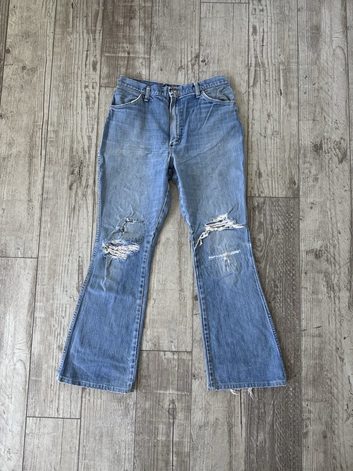 VTG 70s/80s Farm Repaired Wrangler 901DEN Bell Bottom Denim Flare Pants Waist 30