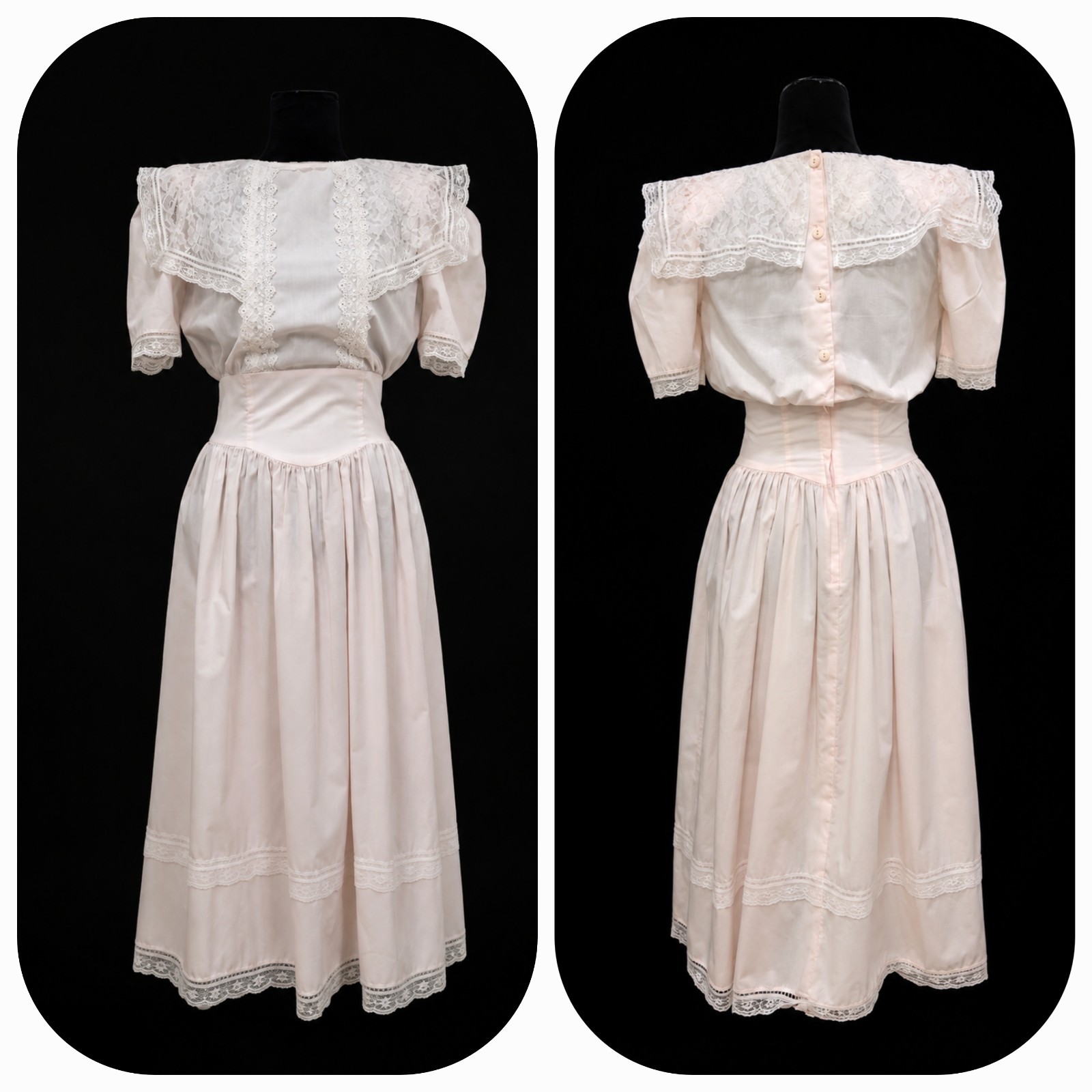 Jessica McClintock Gunne Sax Vintage Dress. Pink w/ White Lace Size 5