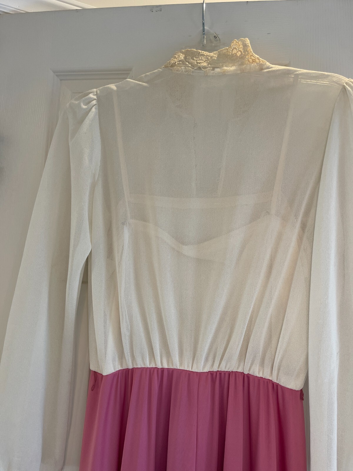 Vintage 1920s pink white Long sleeve sheer camisole long dress size S 57 in long