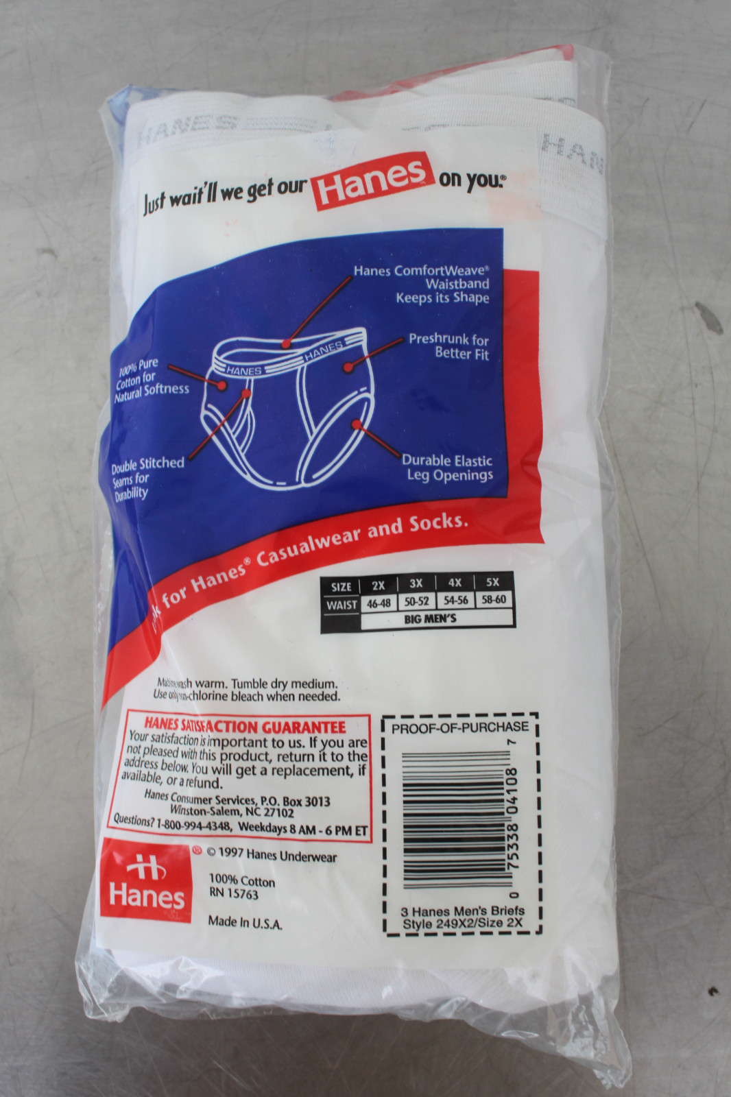 (2) Vintage 3-Pack 1997 Hanes Mens Full Briefs Sz 2X 46-48 Tighty Whities SEALED