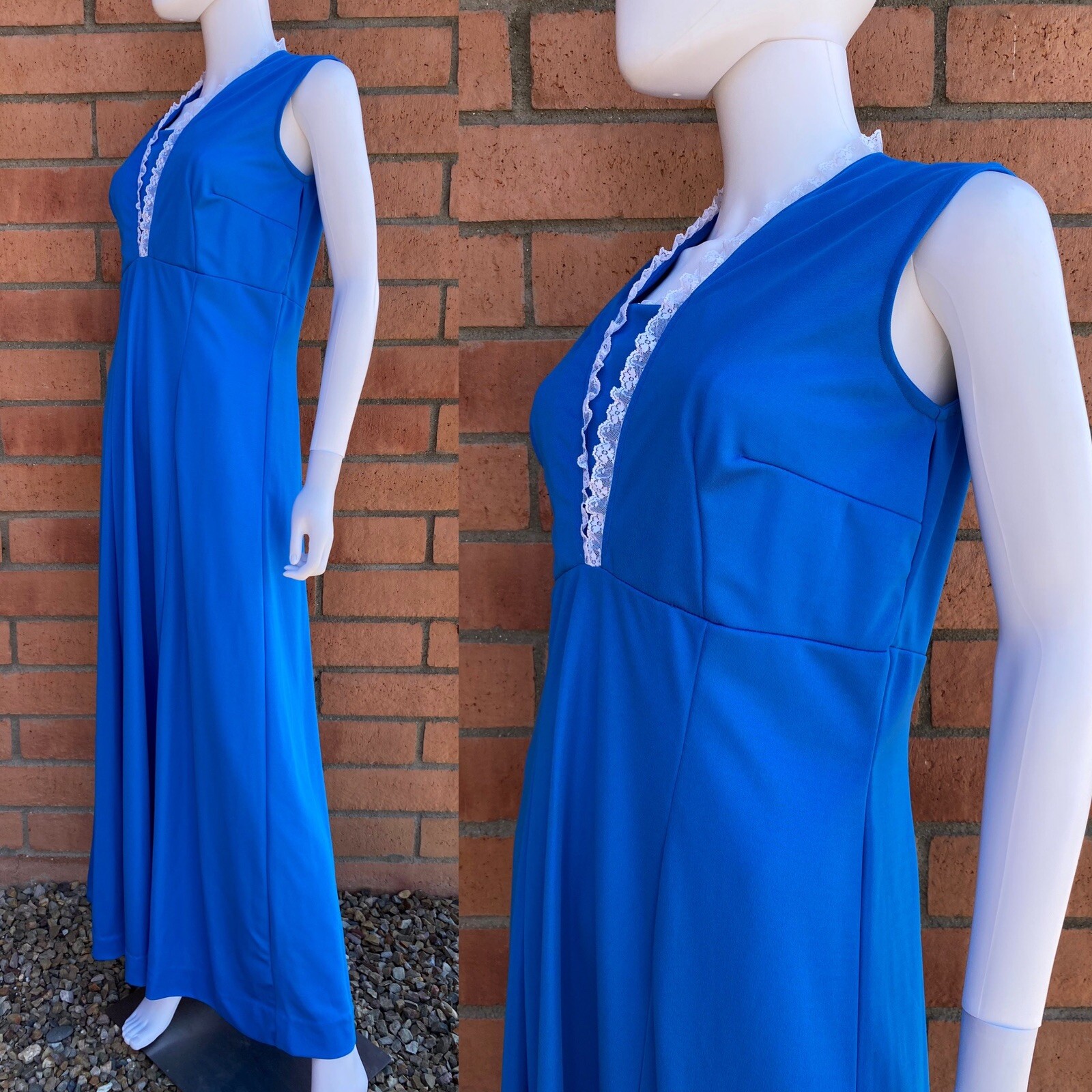 VTG 70’S HANDMADE BLUE SLEEVELESS EMPIRE WAIST MAXI DRESS WHITE LACE TRIM FITS L