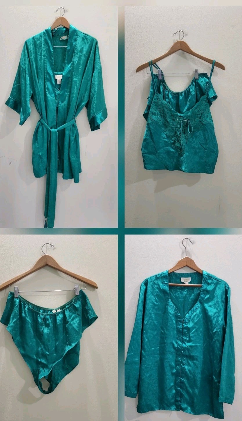 Vtg Victoria Secret Gold Label 4 Pc Set Emerald Green Satin Jacquard Robe Cami