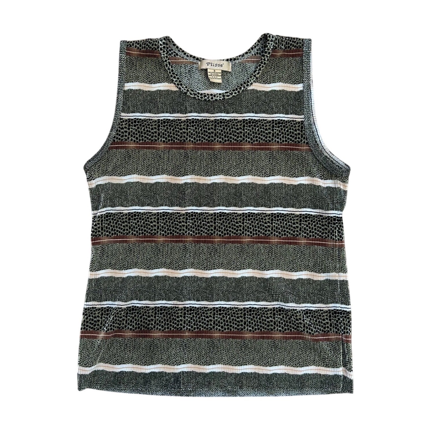 Vintage Plisse animal print Sleeveless Tank Top Green Brown Striped Knit y2k S