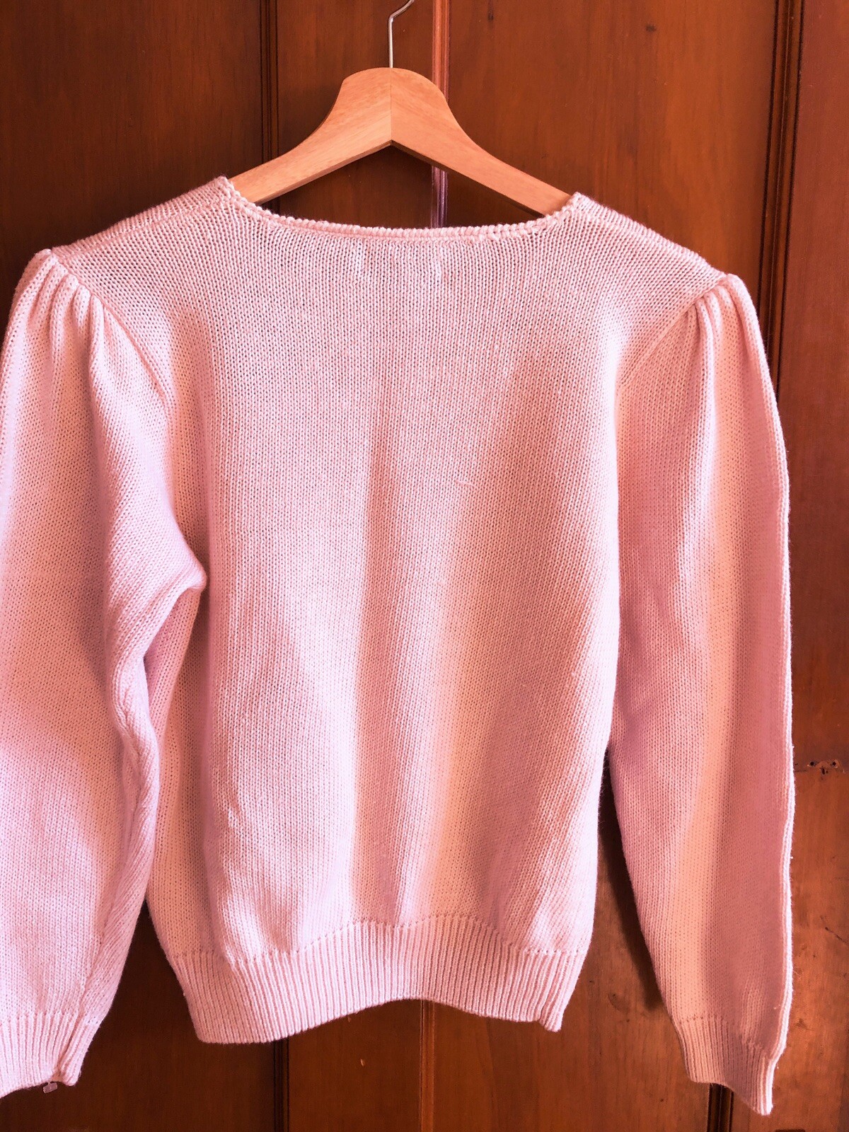VINTAGE 80s PINK SWEATER PUFFED SLEEVES EMBROIDERED PL Alison J Petite
