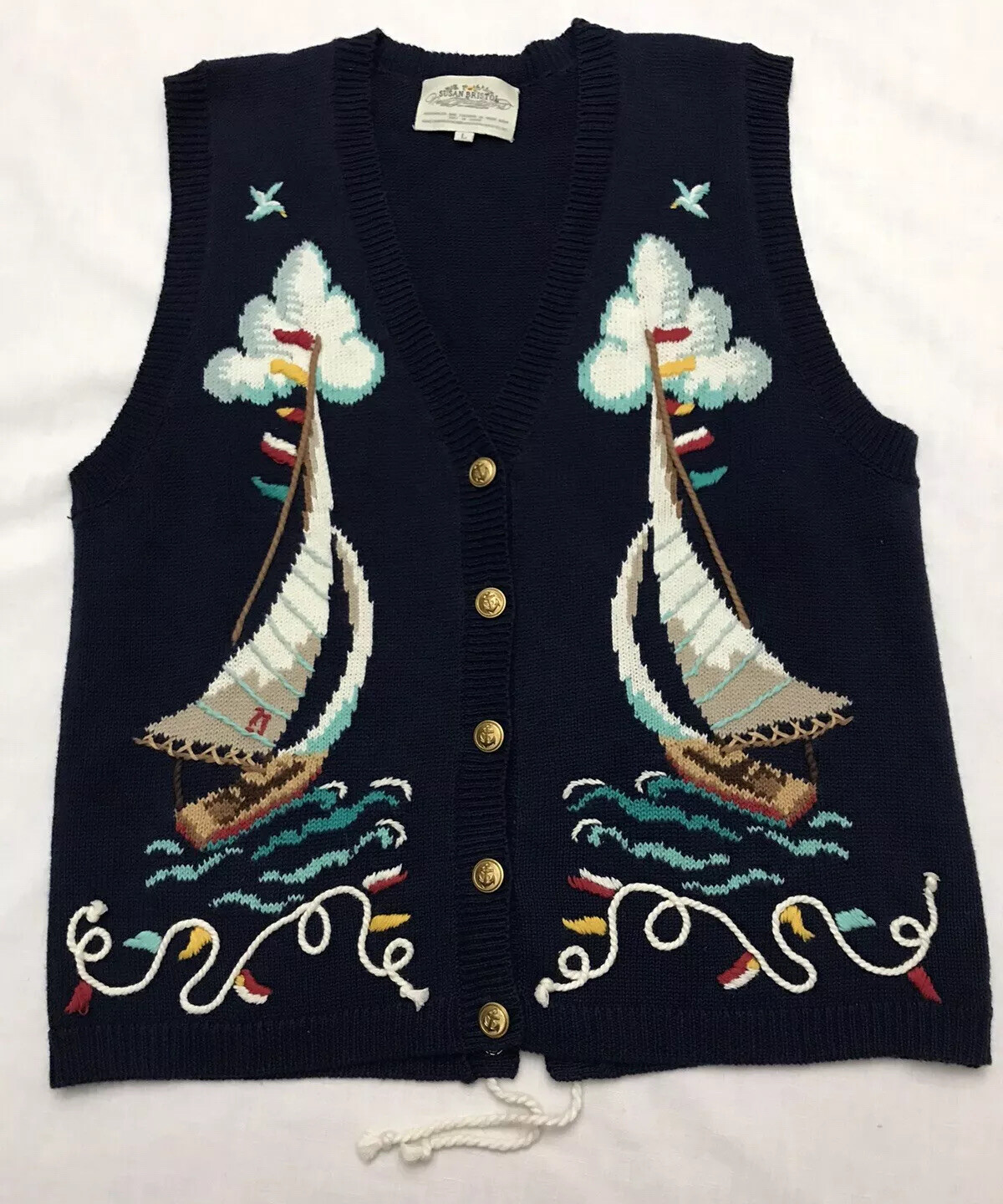 Vtg Bristol Women L Sweater Vest Art To Wear Nautical Boat Anchor Rope Laced