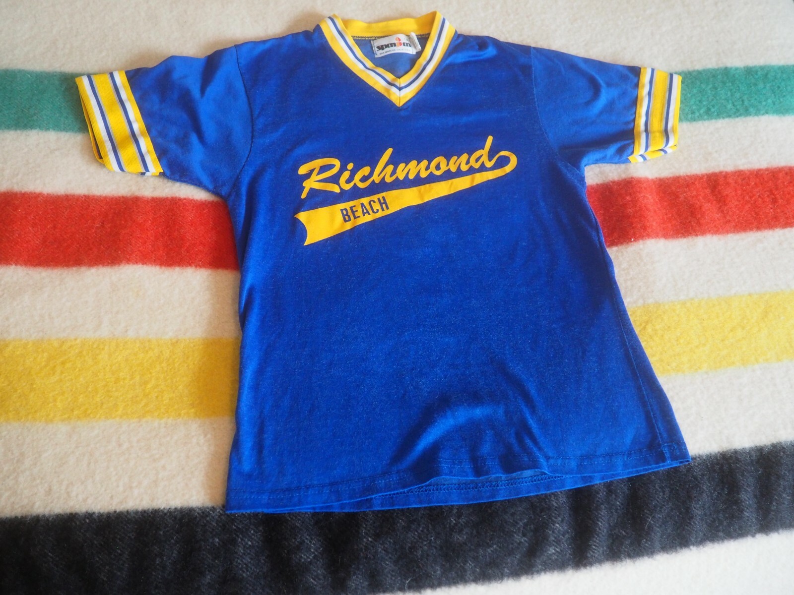 VTG 60s 70s Spanjian RICHMOND BEACH Blue Yellow Ringer Shirt Graphic Tee Mens M