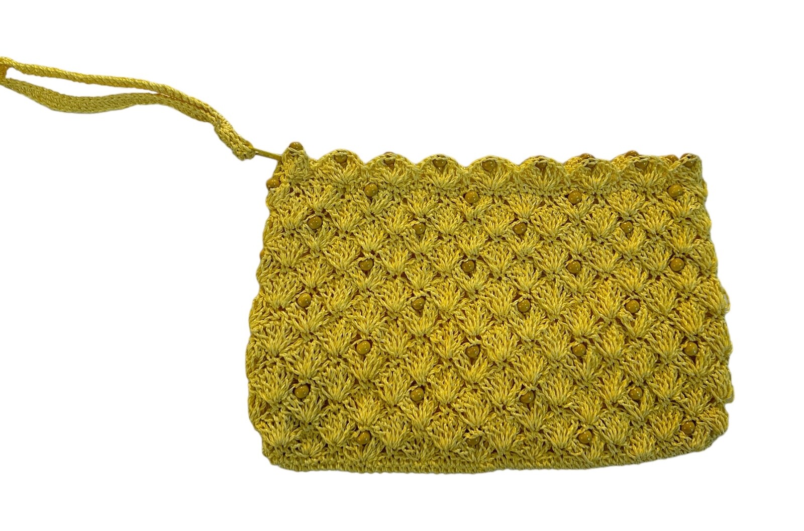 Vintage 80’s Axiom Bright Yellow Crochet Jute Beaded Clutch Handbag Boho Hippie