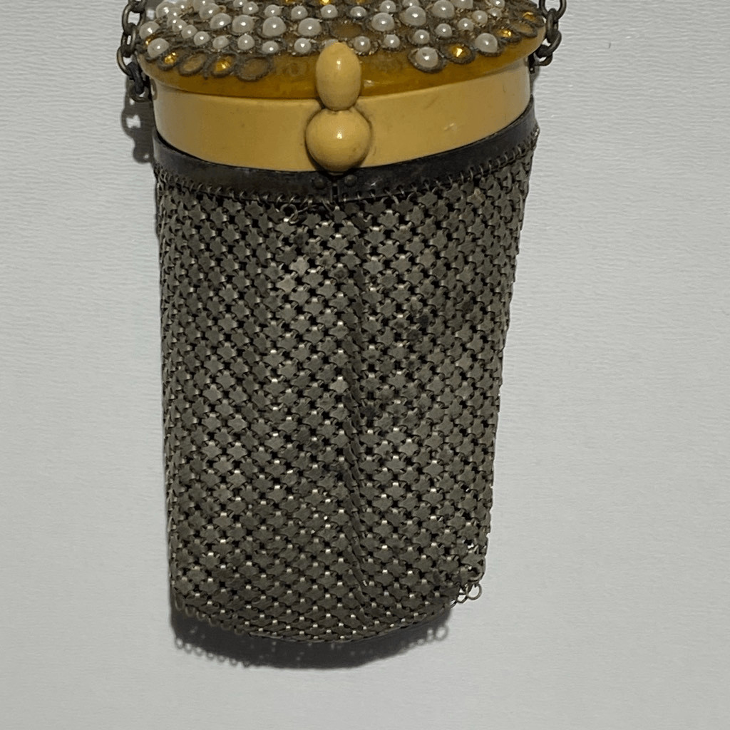 Antique 1920s Metal Mesh Dance Purse Celluloid Lid Faux Pearl Rhinestone Mirror