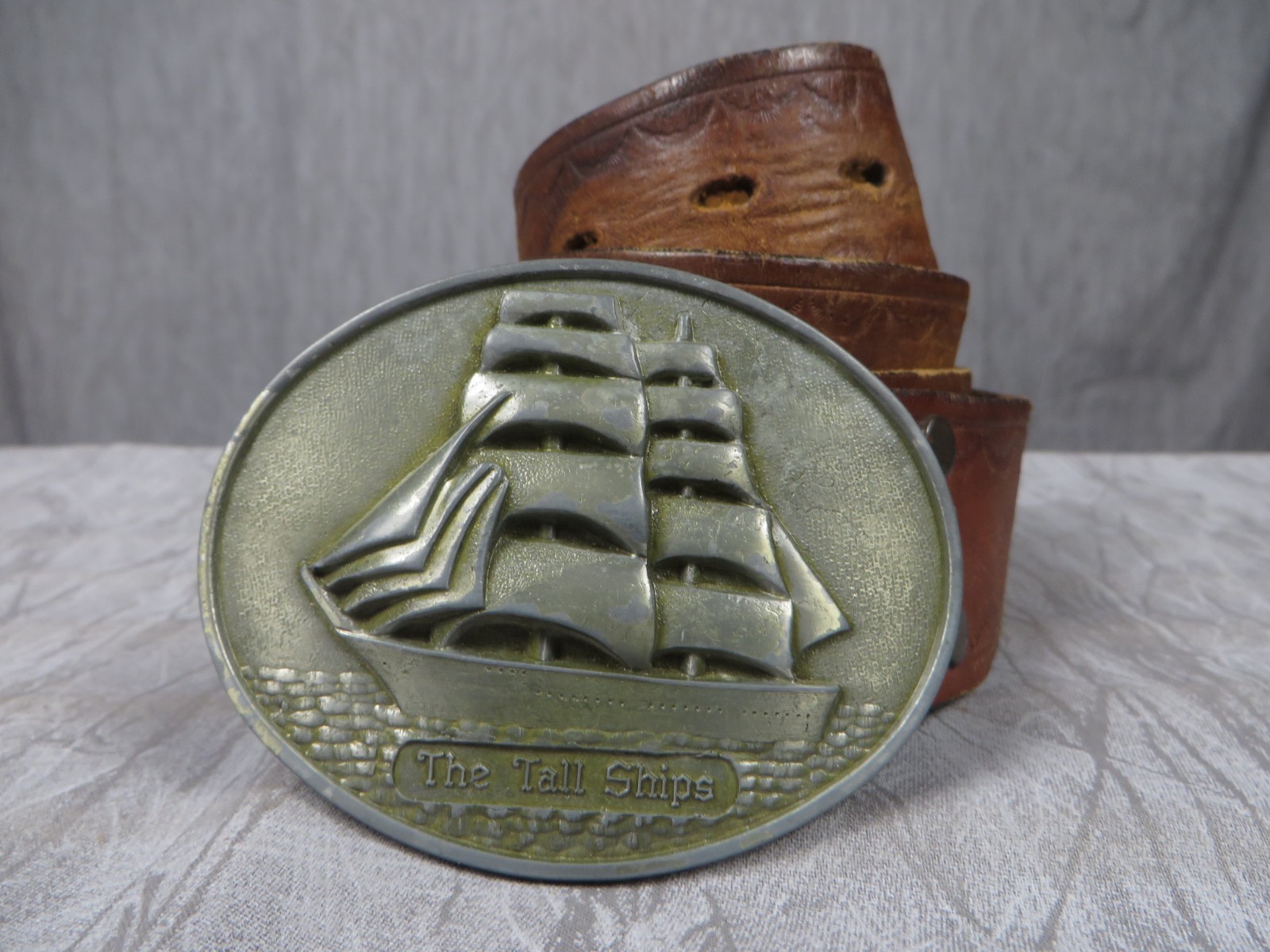 Vintage Tall Ships Cast Pewter Leather Belt Nautical Maritime Sailing Ship 36in