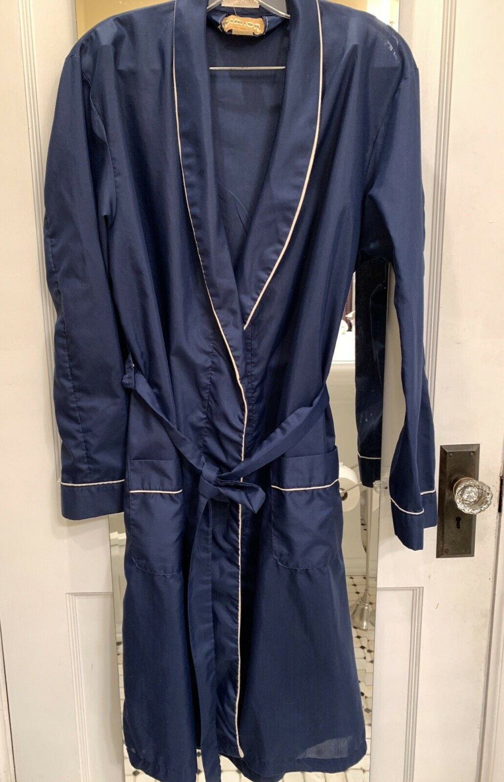 RABHOR Lightweight Robe Lounge Smoking Jacket Indigo Navy Blue Belt Medium VTG