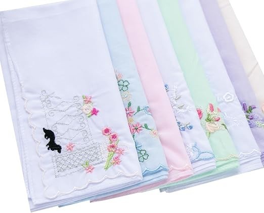 3x Assorted Ladies Novetly Embroidered Cotton Soft Handkerchiefs Scalloped