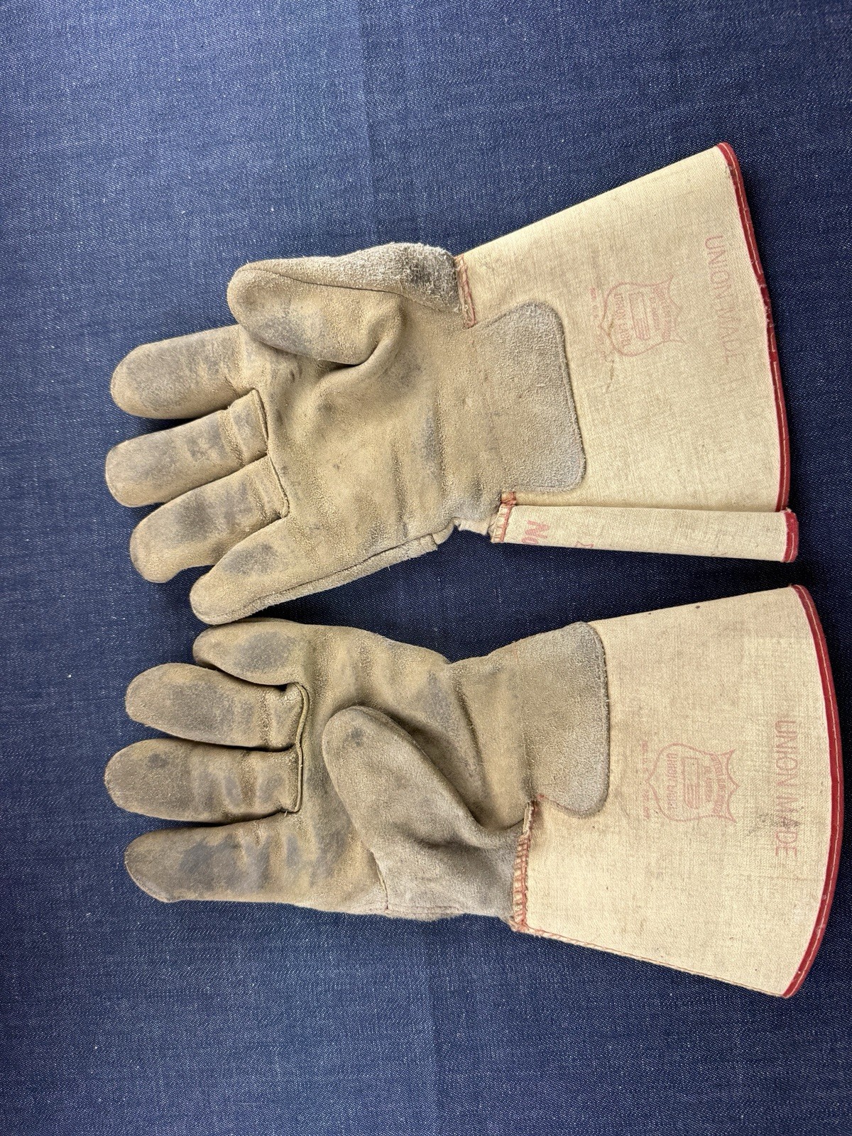 Vintage Workwear Gloves Good Luck Bomber Union Made Leather Canvas Large 50s