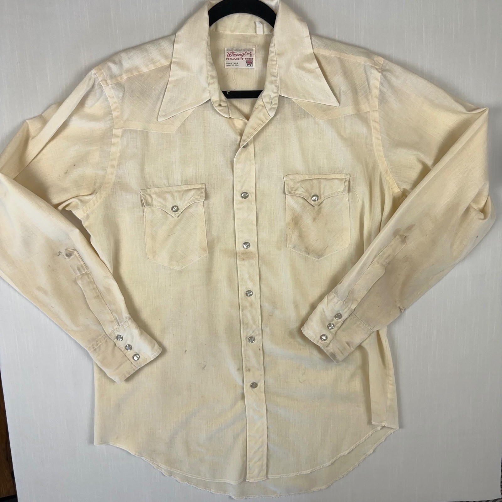 Vtg Ranch Worn Wrangler Permanent Press Pearl Snap Western Shirt Cream L USA