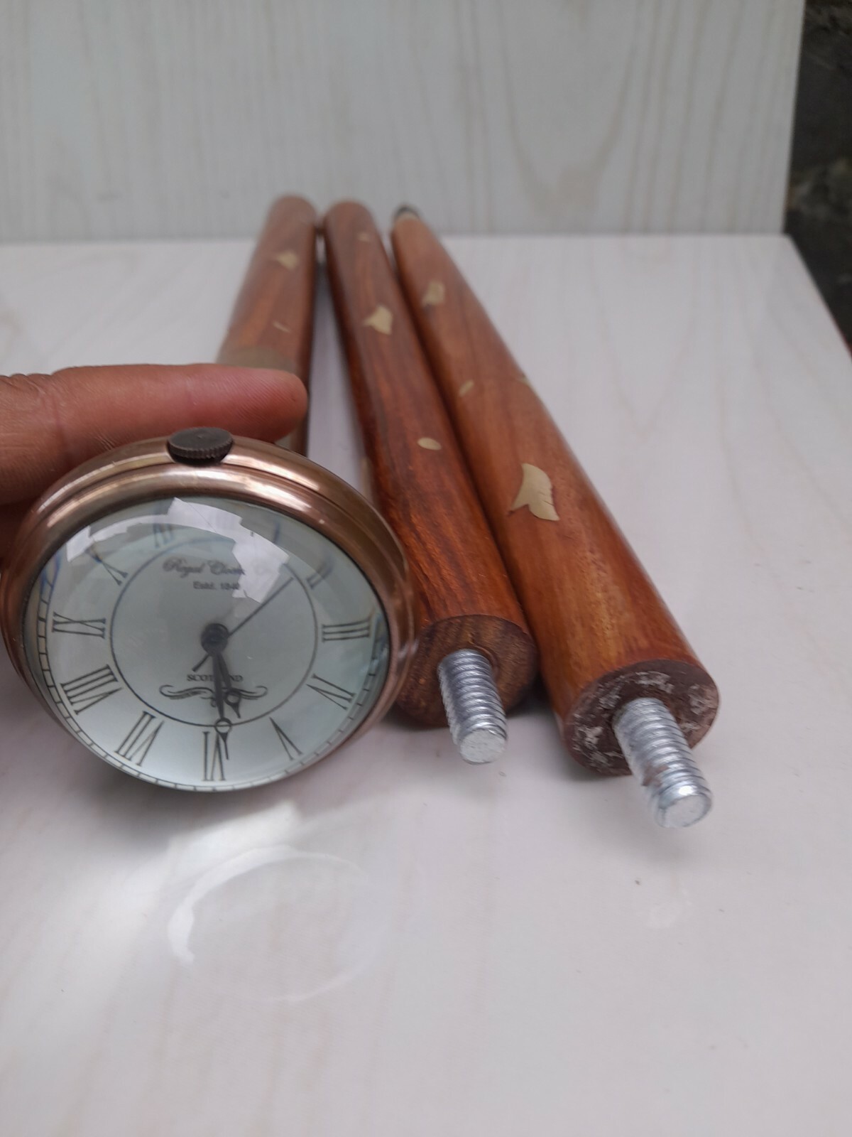 Solid Brass clock on top watch handle Victorian wooden walking stick cane