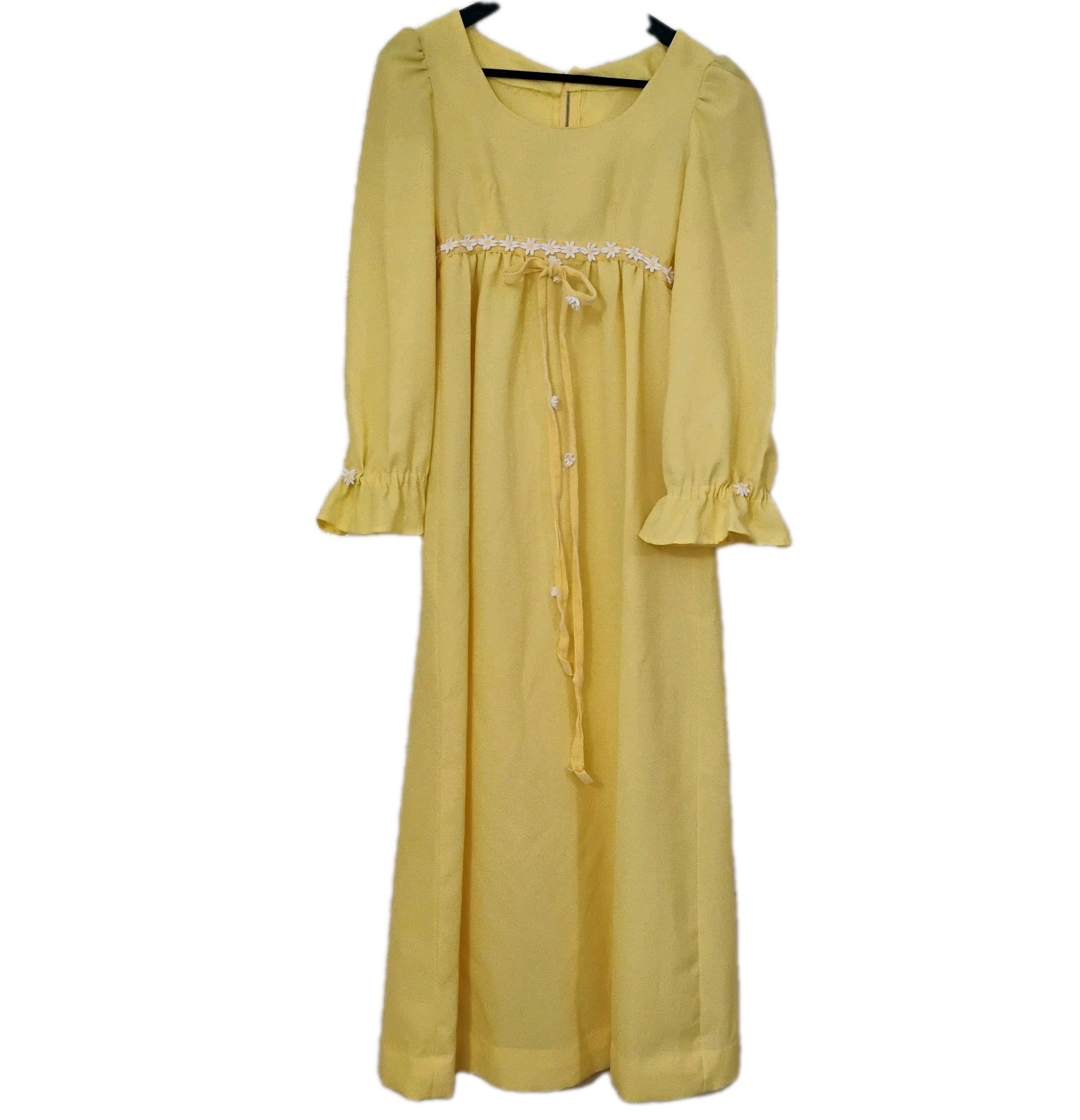 Vintage 60s 70s Empire Waist Maxi Dress Size XS Retro Yellow Daisy Details