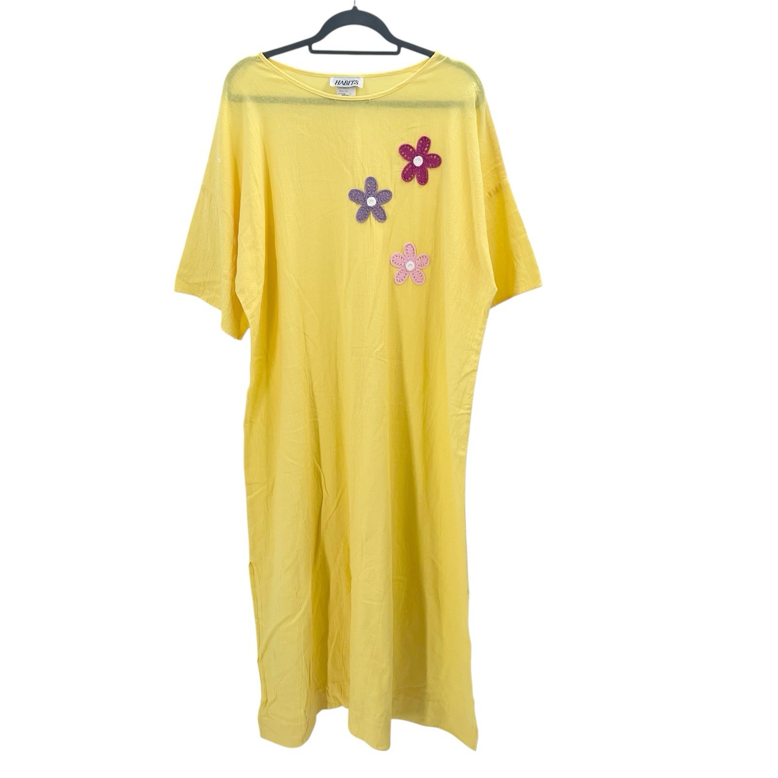 Vintage 70s Habits Yellow Crinkle Embellished House Beach Maxi Shirt Dress Large
