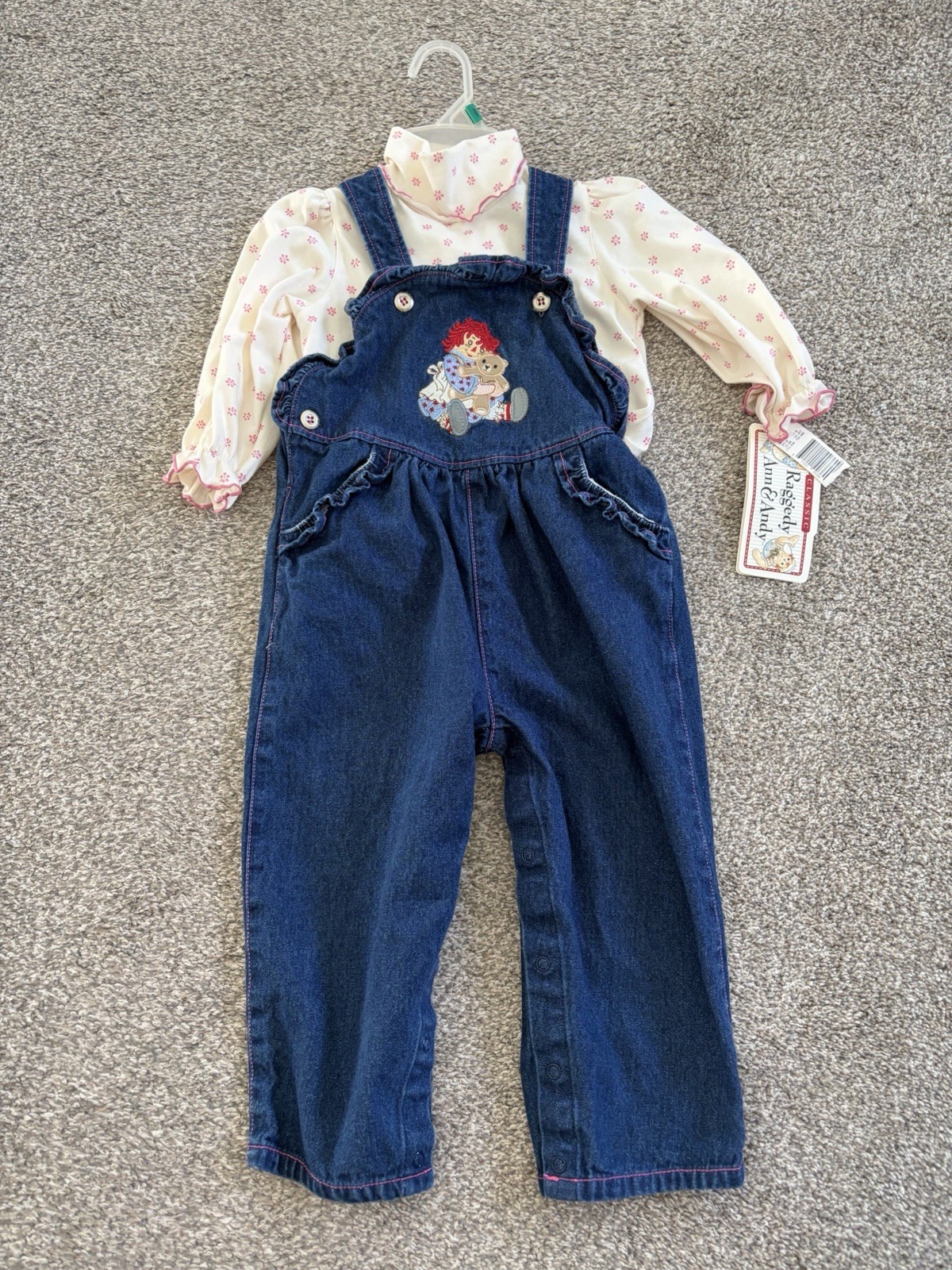 New Vintage Raggedy Ann Denim Overalls & Top 2T Embroidered, Pockets 80s