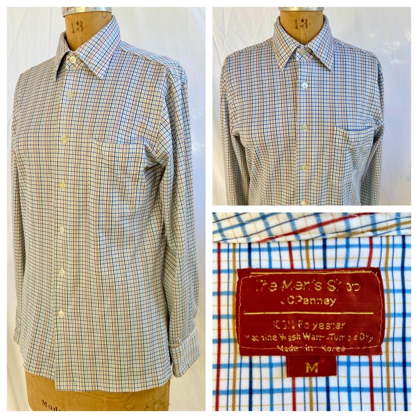 Vintage 70s JC PENNEY Mod Slim Skinny Plaid Poly Shirt Disco Hippie Retro M EUC