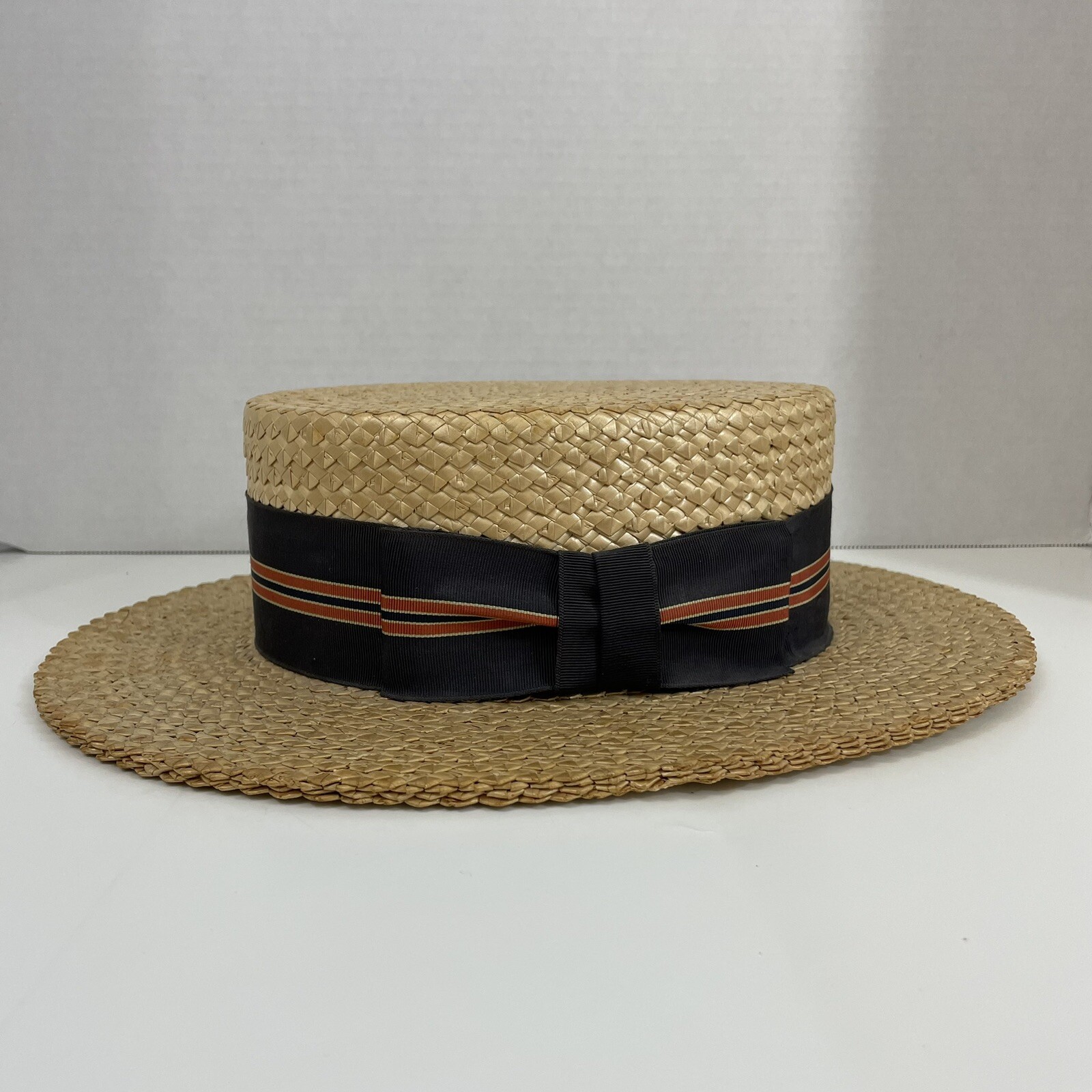 VTG Stetson Hat Mens 6 7/8* Long Oval Blue Red Ribbon Medalist Straw Boater Hat