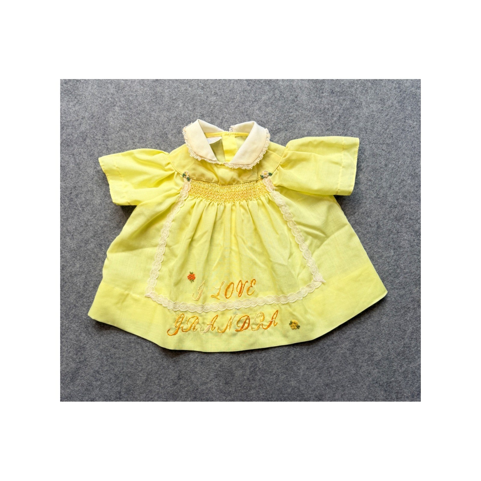 Vintage Celanese Fortrel Yellow I Love Grandpa Smocked Baby Dress Lace Trim