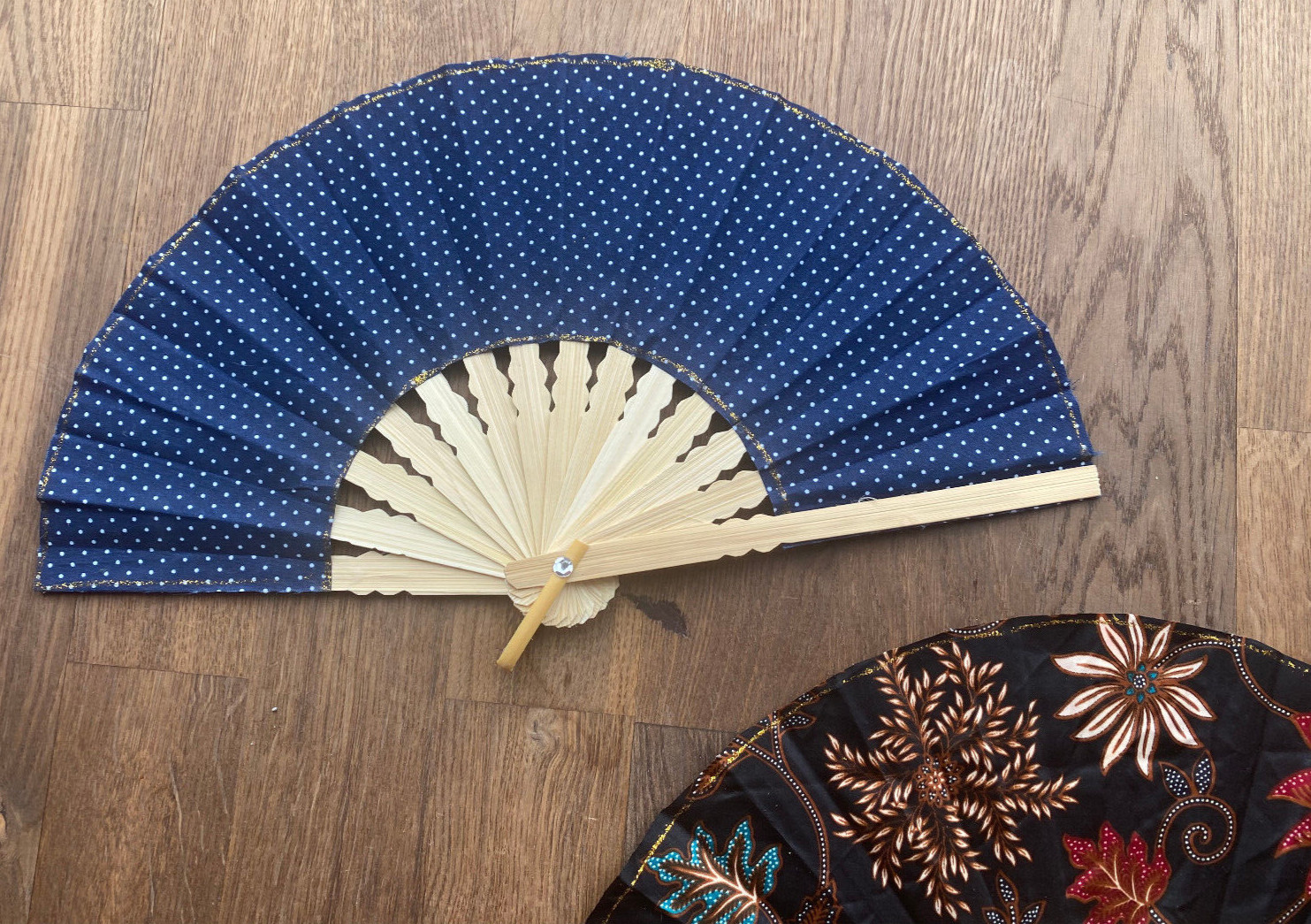 2 Black Fans Hand Bamboo Cloth Handmade Indonesia New Avenico Abenico 715K