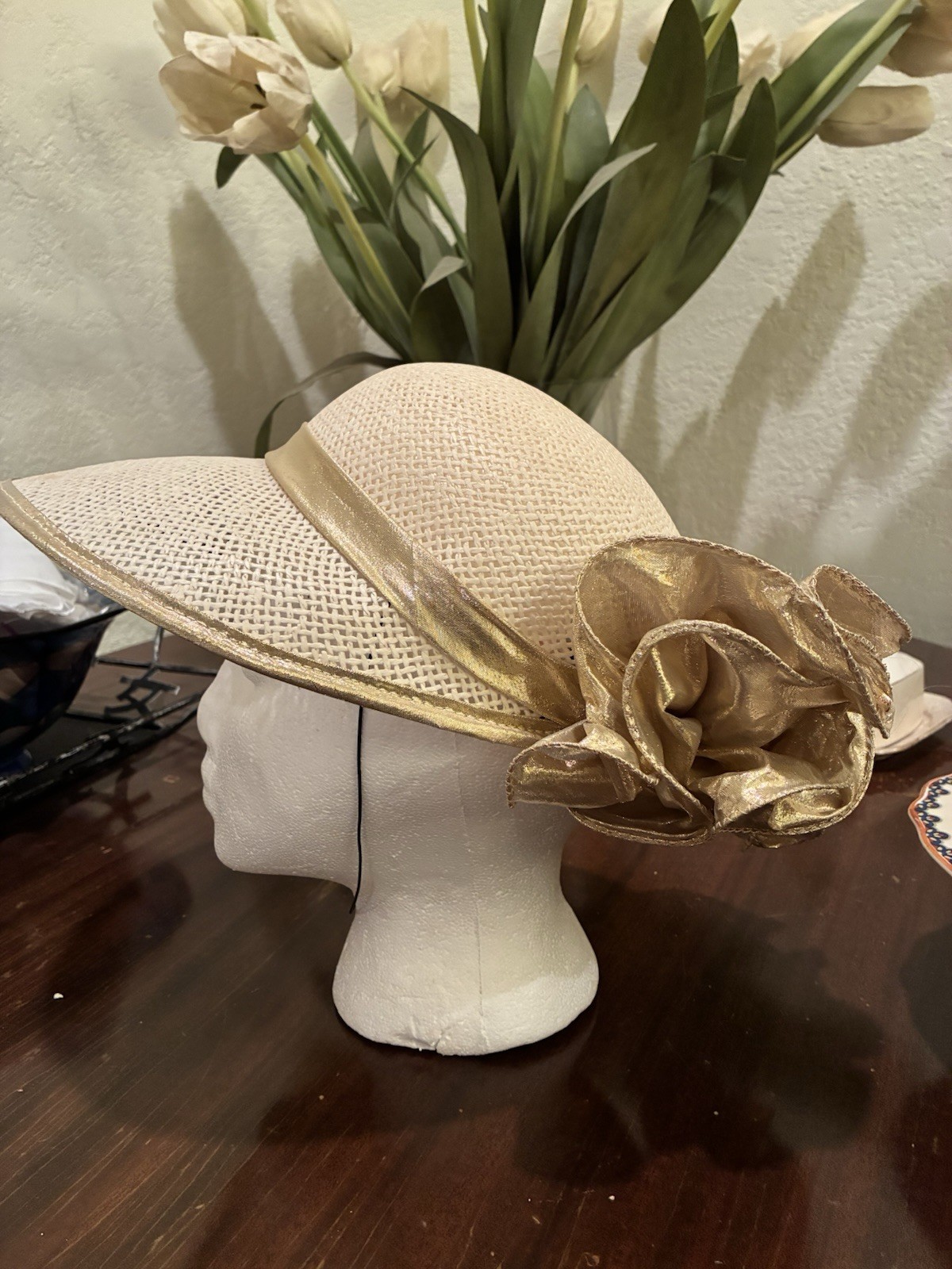 Vintage Sonni San Francisco Cream Straw Church Derby Hat Gold Bow Perfect 8×7