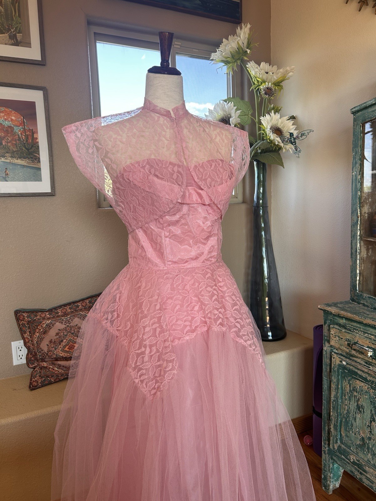 Vintage 1950s Pink Tulle Lace Dress With Bolero Shrug Gown Fairy Coquette
