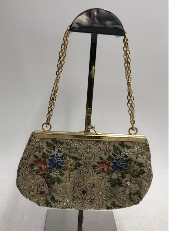 Vintage Sirocco Made in Italy Gold Floral Tapestry Frame Evening Bag Chain