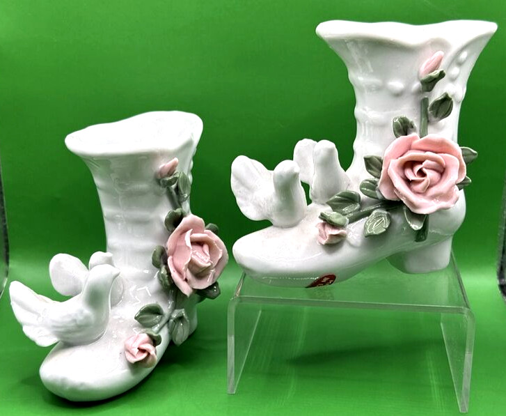 Victorian Boot with Pink Rose Pink Pedals Leaves Vines Pair of Birds set of 2