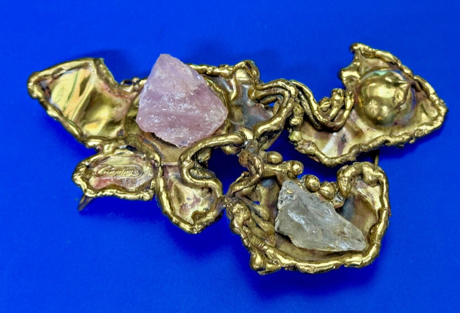 Artisan Carvalhu Copa Brass Brutalist Huge Art Belt Buckle With Amethyst Stone