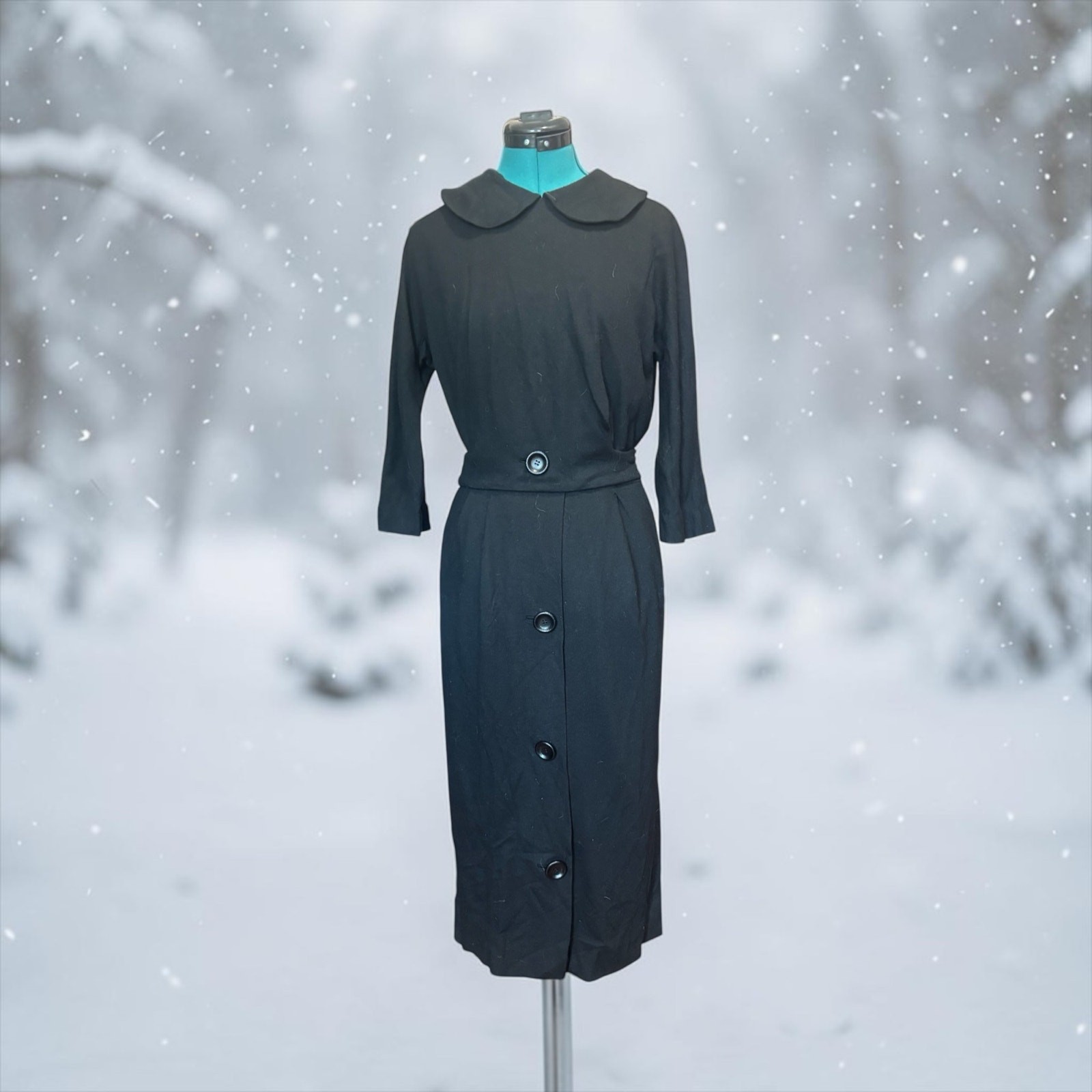 Vintage 50s Black Wiggle Maxi Dress Peter Pan Collar Mad Men Gothic 44-30-44